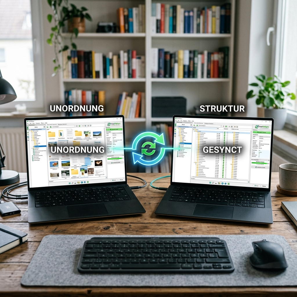 Zwei Laptops zeigen unordentliche und strukturierte Dateiansichten.