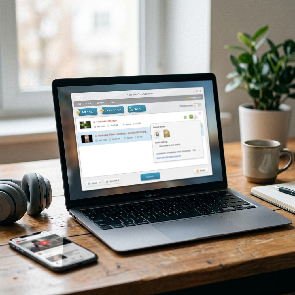 Laptop, der einen Video Converter mit Headset und Smartphone zeigt