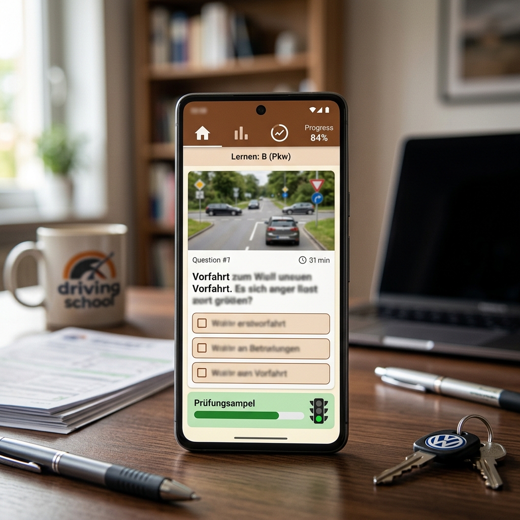 Smartphone zeigt Fragen zur Fahrprüfung auf einem Schreibtisch