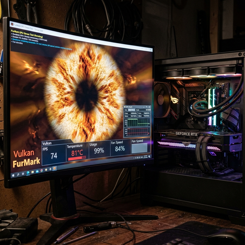 Monitor zeigt FurMark Benchmark mit grafischer Darstellung