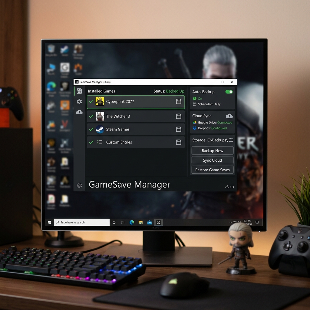 Screenshot der GameSave Manager Software mit Spielinstallationen und Backup-Optionen.