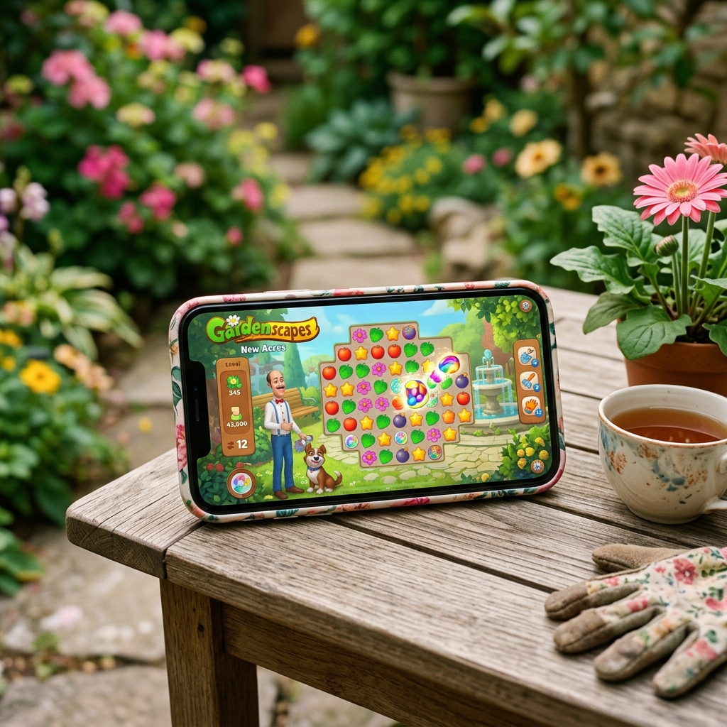 Smartphone zeigt das Spiel Gardenscapes in einem Blumenbeet.
