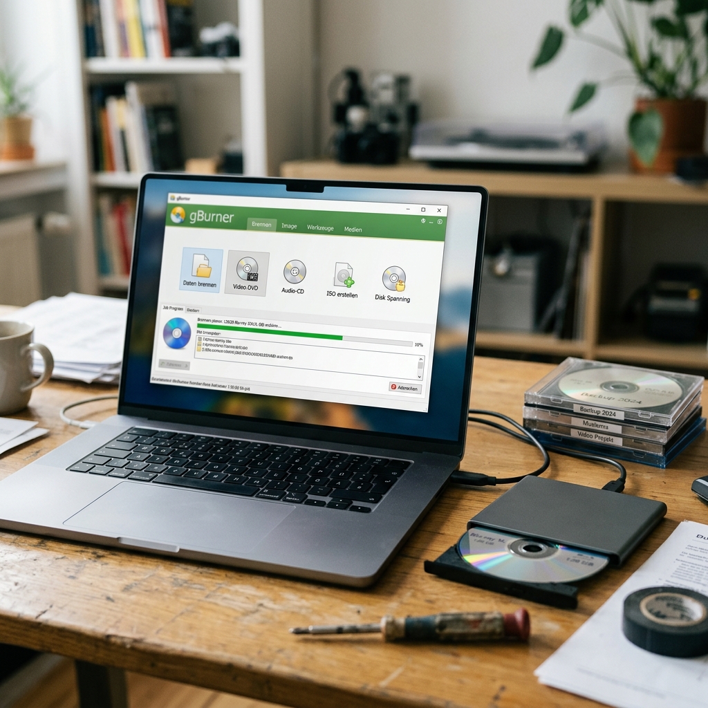 Laptop auf einem Tisch mit Brennsoftware und CDs