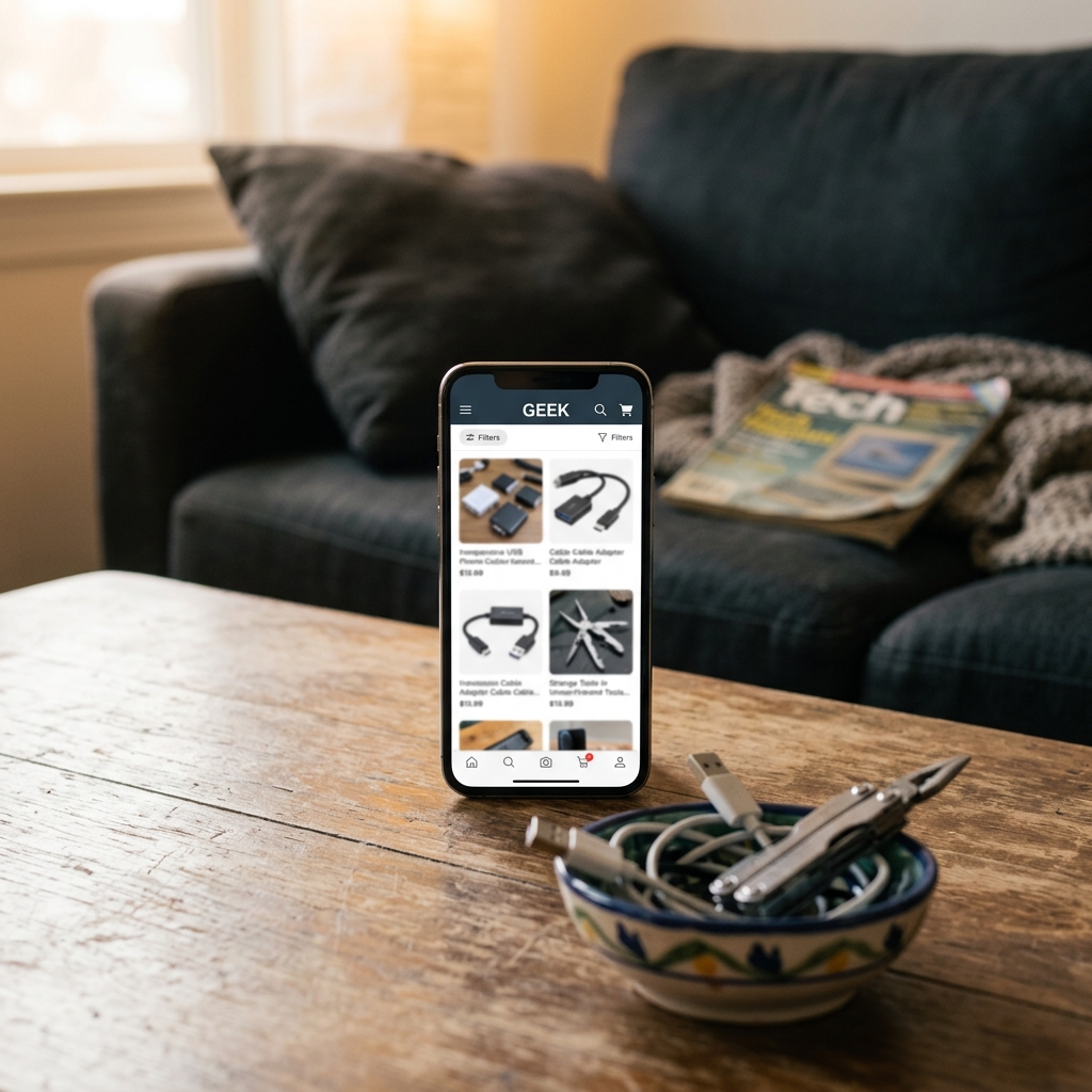 Smartphone zeigt Produkte auf einer Holzoberfläche.