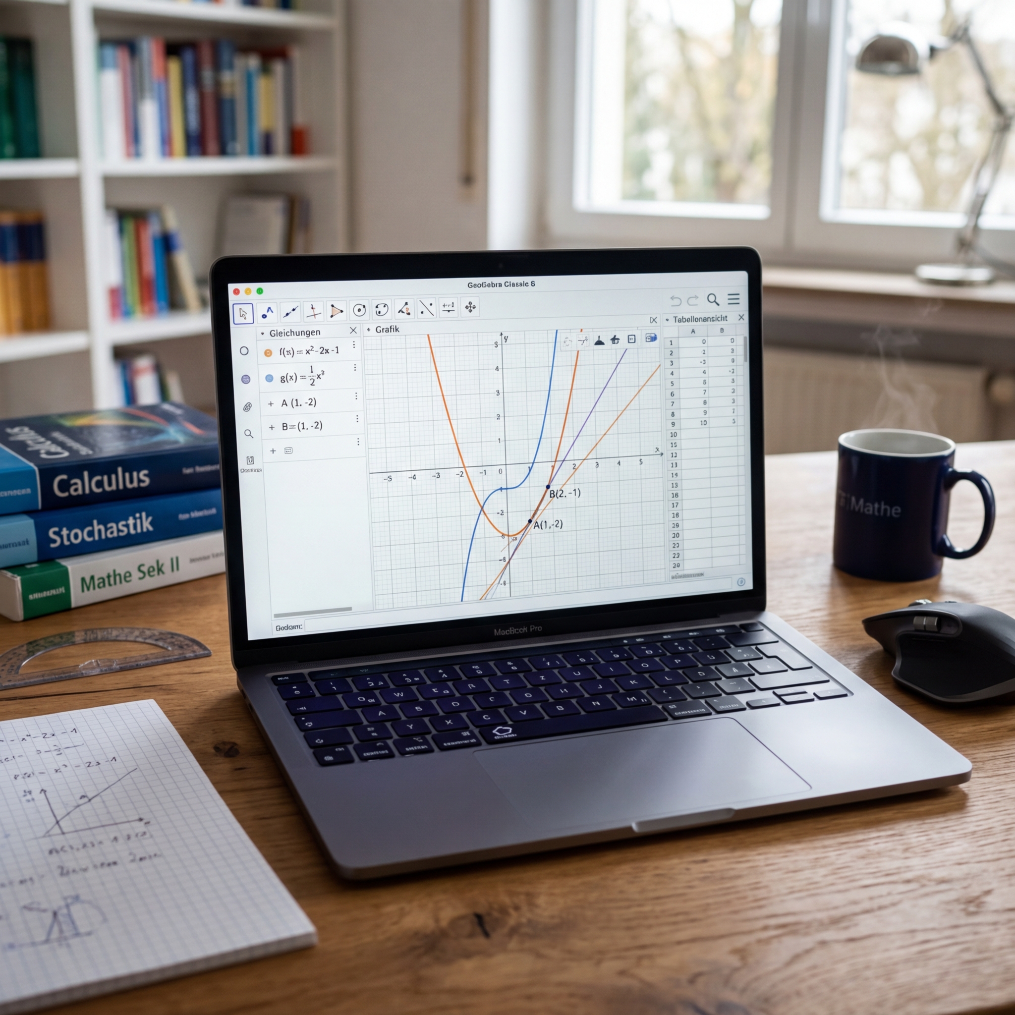 Laptop mit GeoGebra Software und mathematischen Notizen