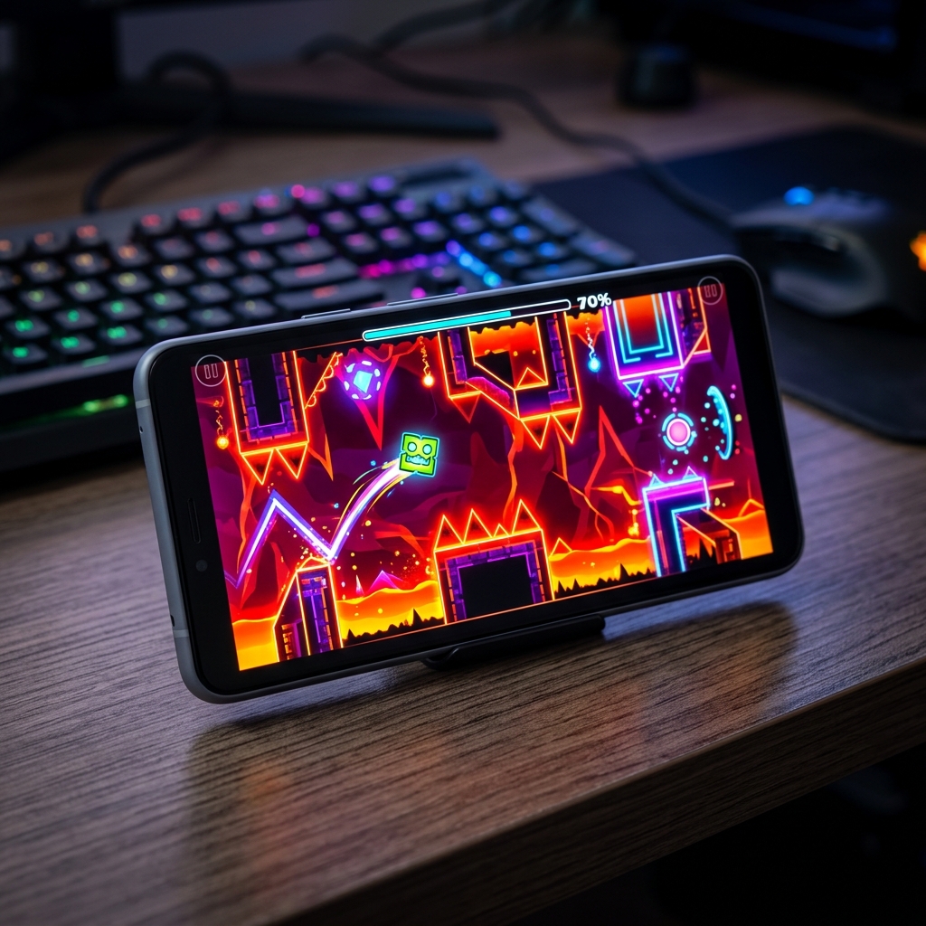 Ein Smartphone zeigt ein Spiel auf einem Tisch mit Tastatur im Hintergrund.