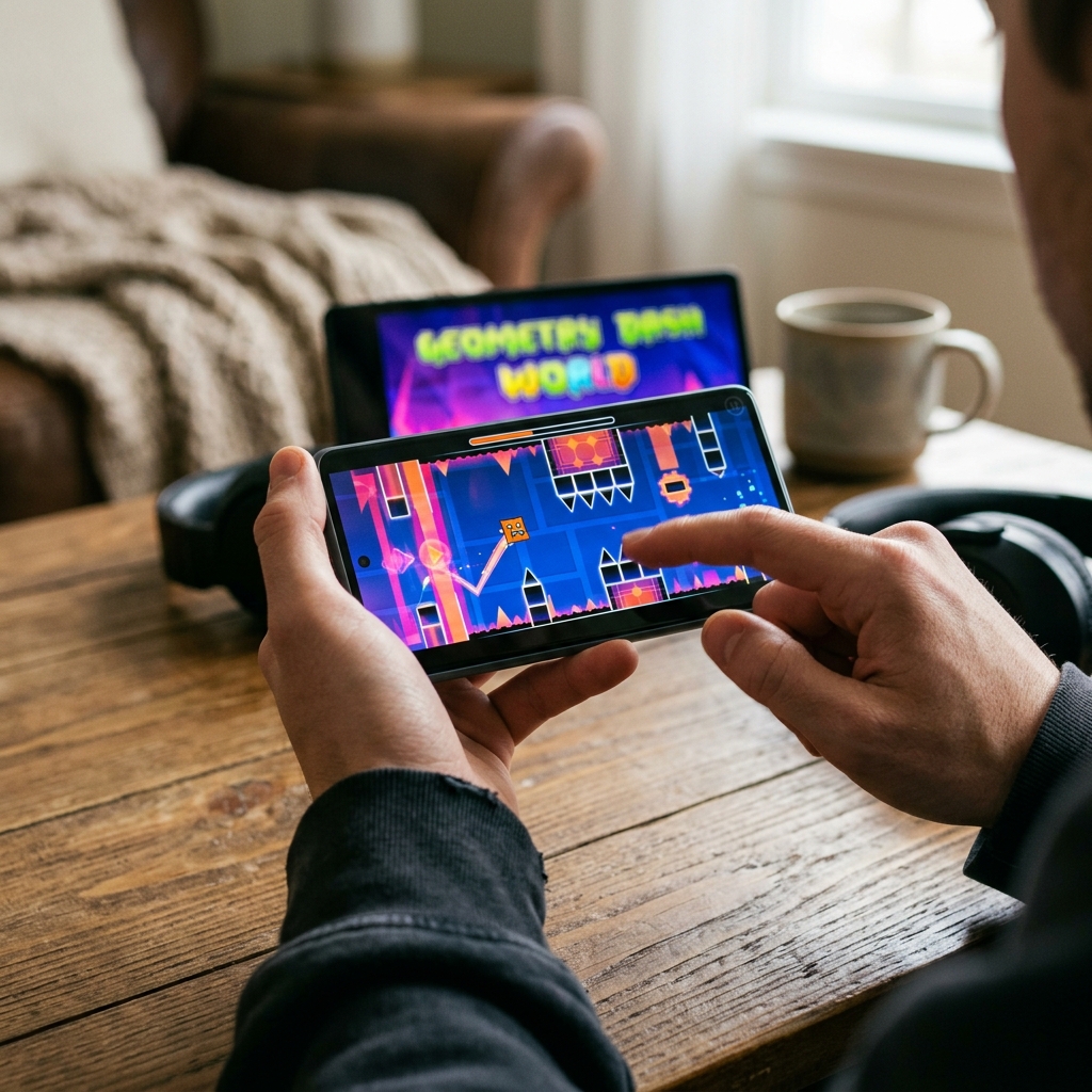 Person spielt ein Spiel auf dem Smartphone, Hintergrund mit Tablet und Tasse.