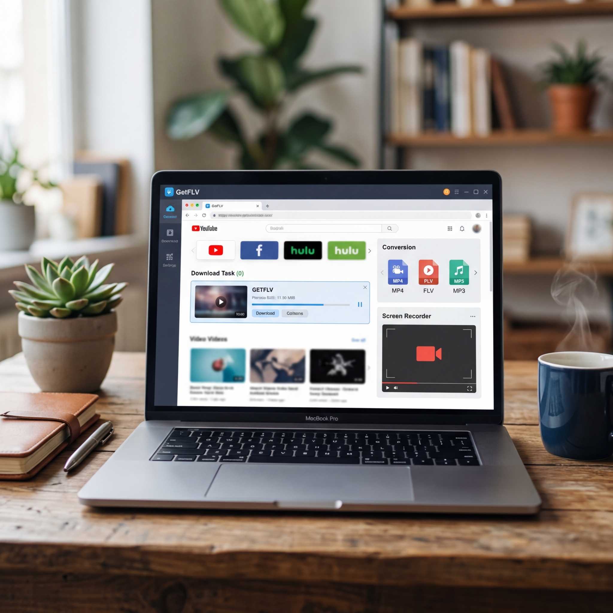 Laptop auf einem Tisch mit Pflanzen und einer Tasse Kaffee