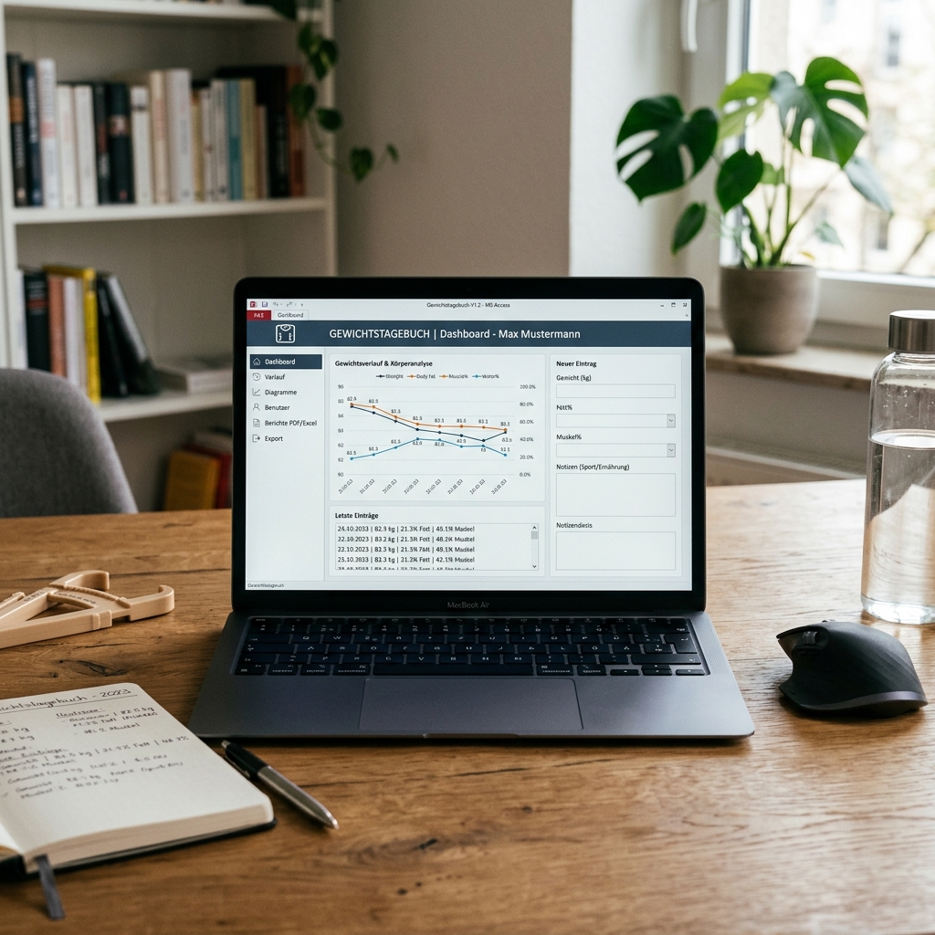 Laptop mit Gewichtstagebuch-Software auf einem Tisch