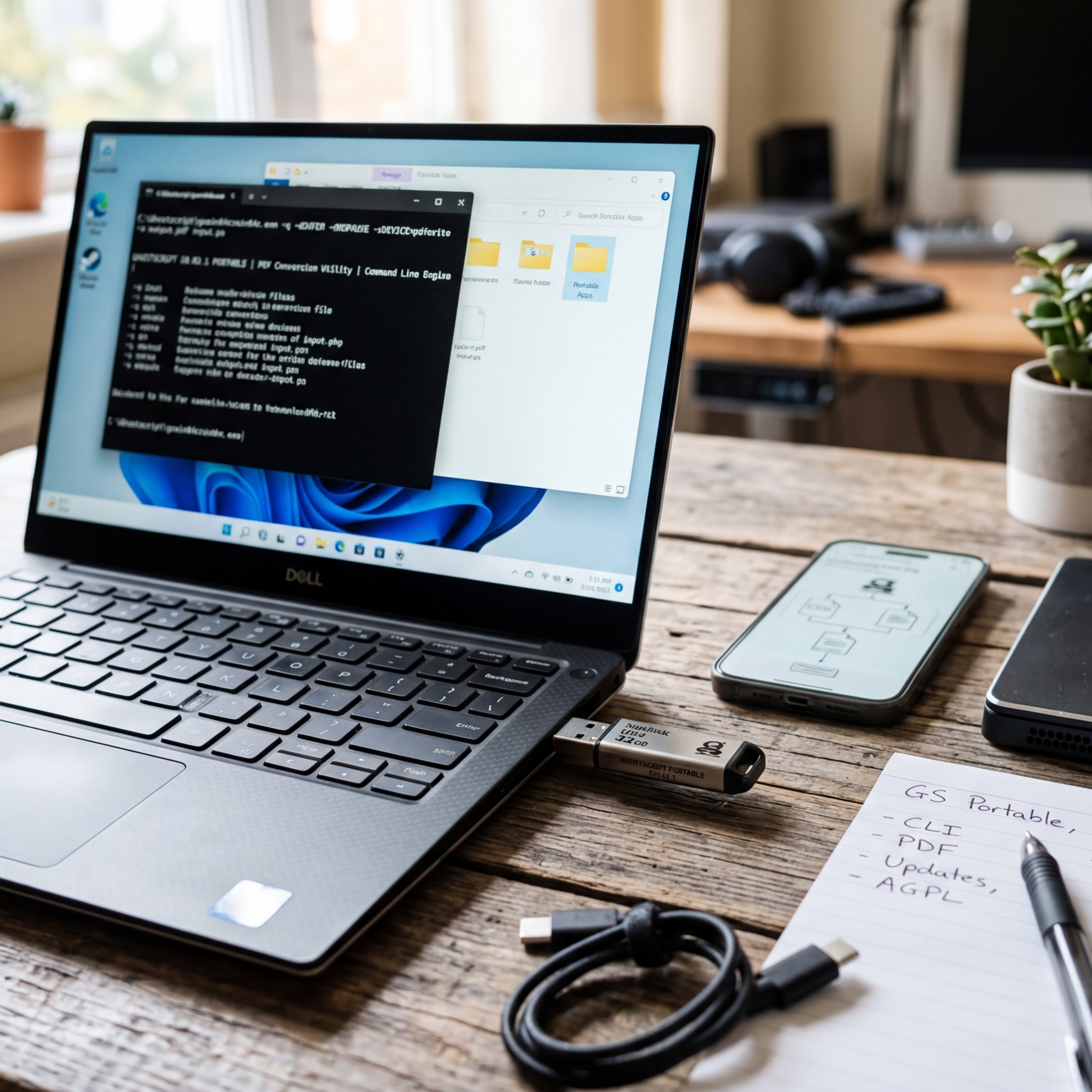 Laptop, Smartphone, USB-Stick und Notizblock auf einem Tisch