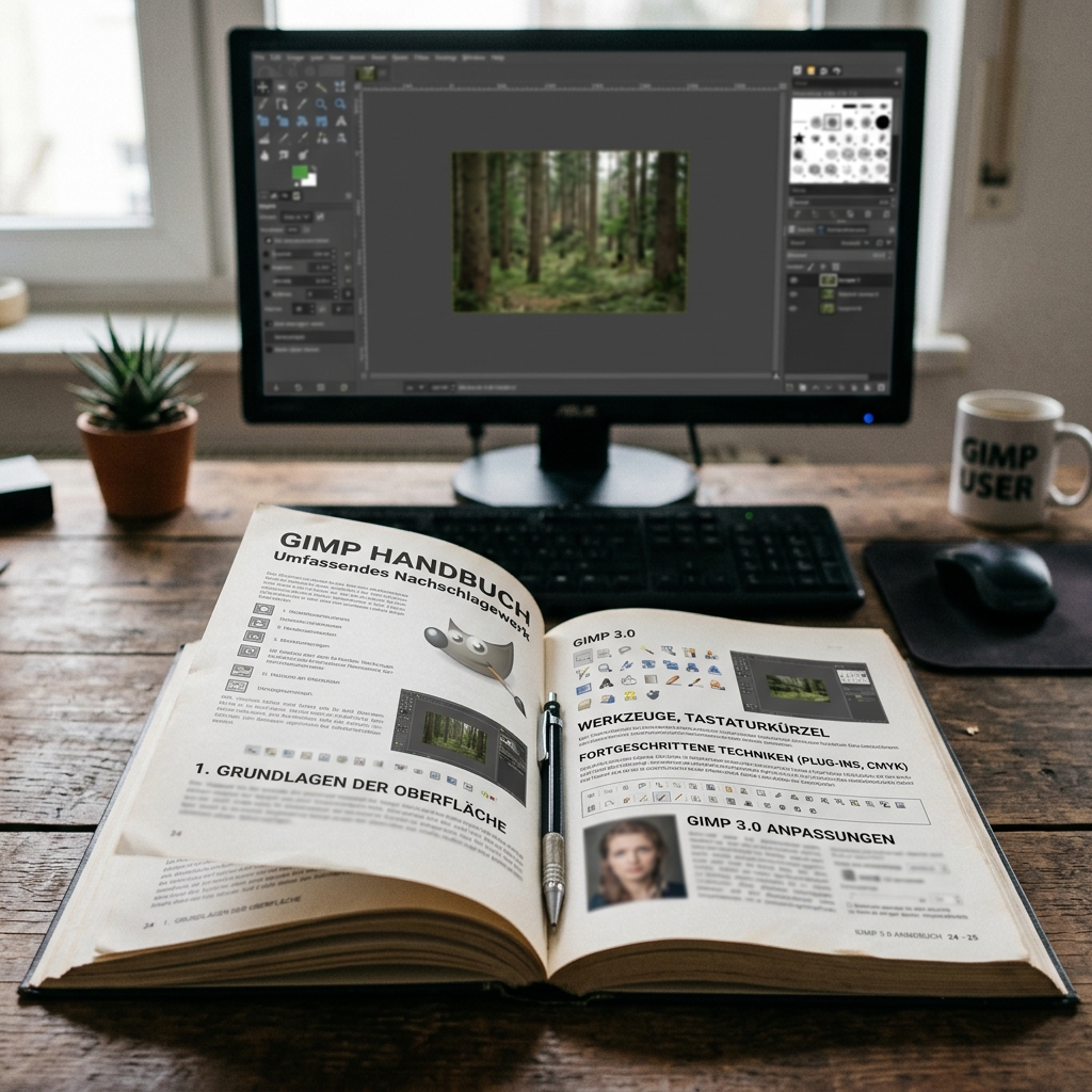 Offenes GIMP Handbuch auf einem Tisch vor einem Computerbildschirm