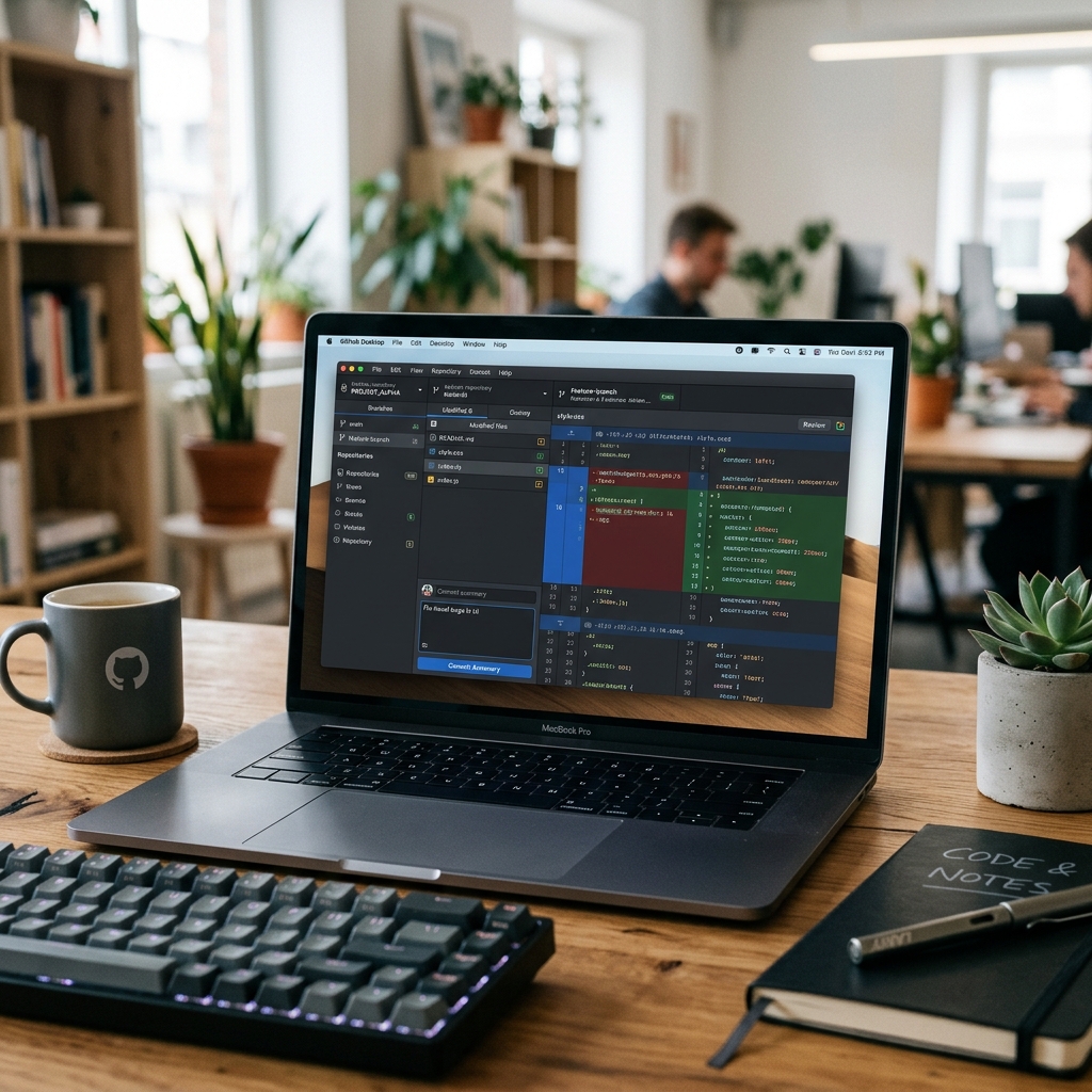 Laptop auf einem Schreibtisch mit Code-Editor und Notizbuch
