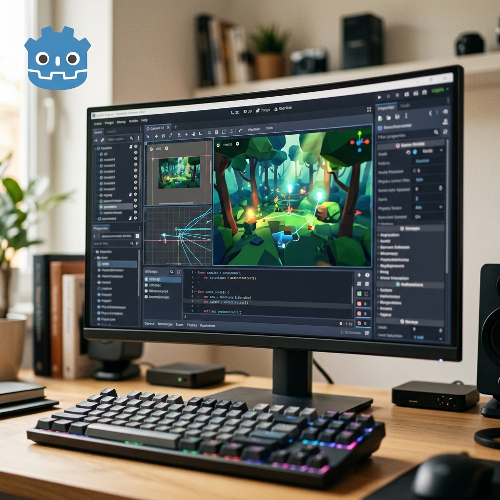 Bildschirm mit Entwicklungsumgebung und einem 3D-Spiel
