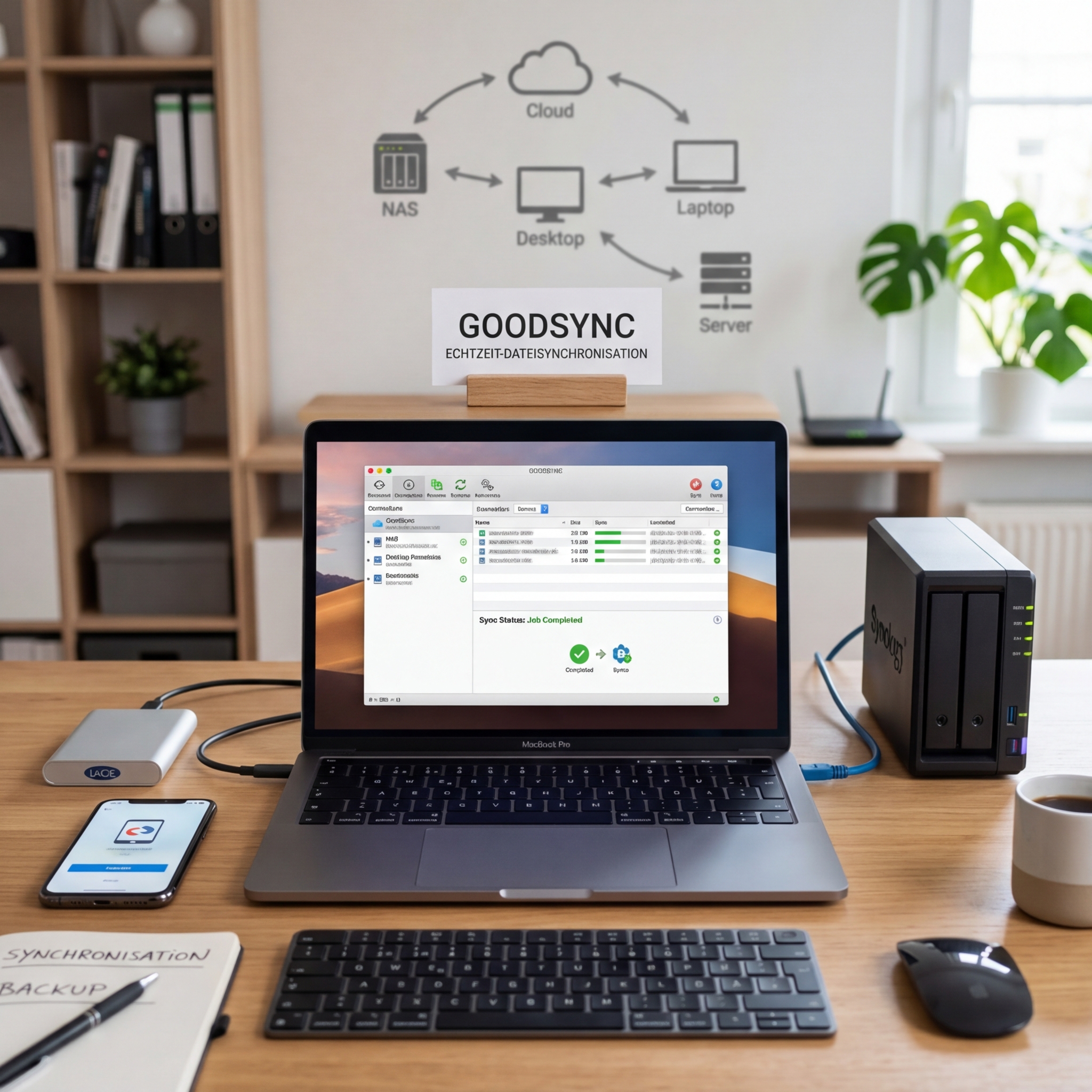 Laptop-Bildschirm mit GoodSync Software und Synchronisationsstatus angezeigt