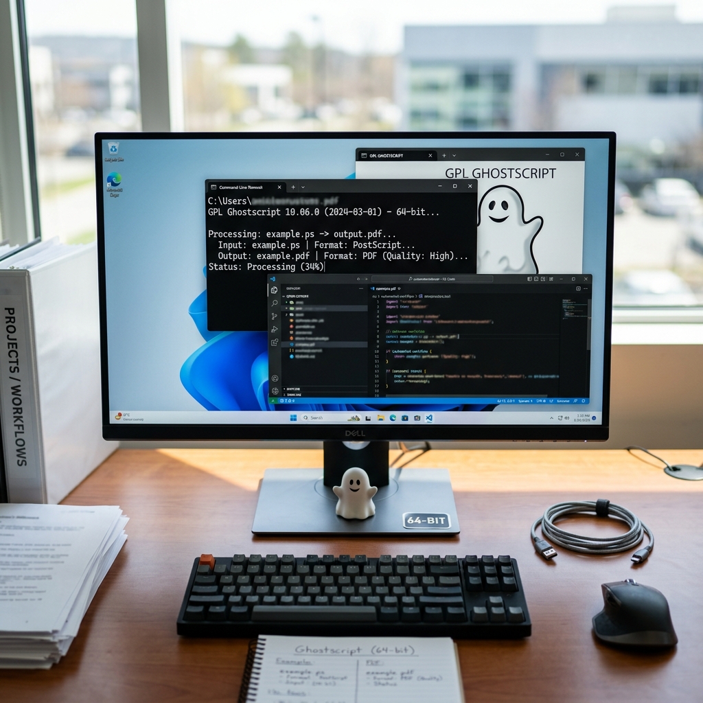 Bildschirm mit Code-Editor und Ghostscript-Befehlen auf einem Tisch