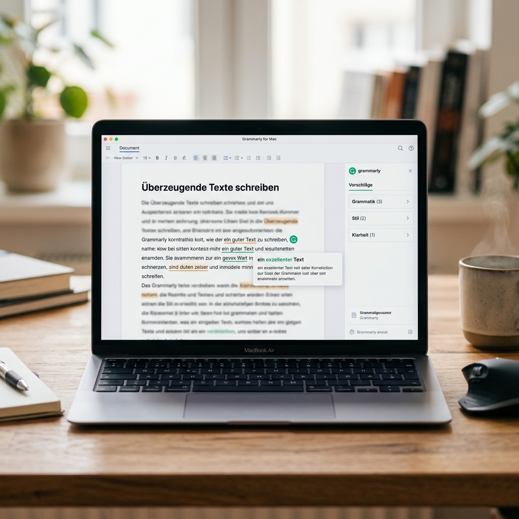 Screenshot der Grammarly-App auf einem Laptop mit Textbearbeitung