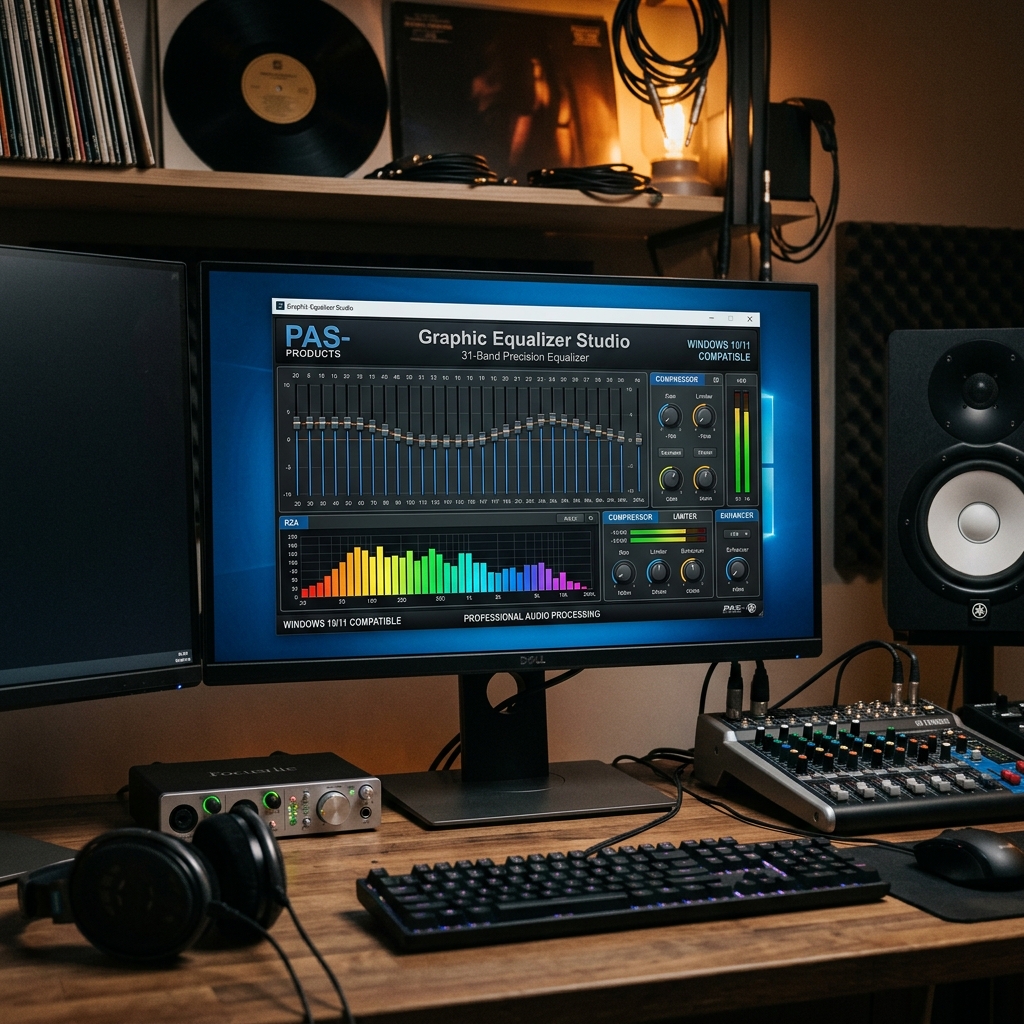 Computerbildschirm mit Grafik-Equalizer und Audio-Equipment