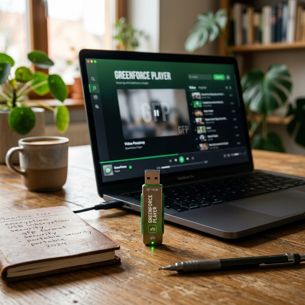 USB-Stick mit Greenforce Player auf einem Schreibtisch neben einem Laptop