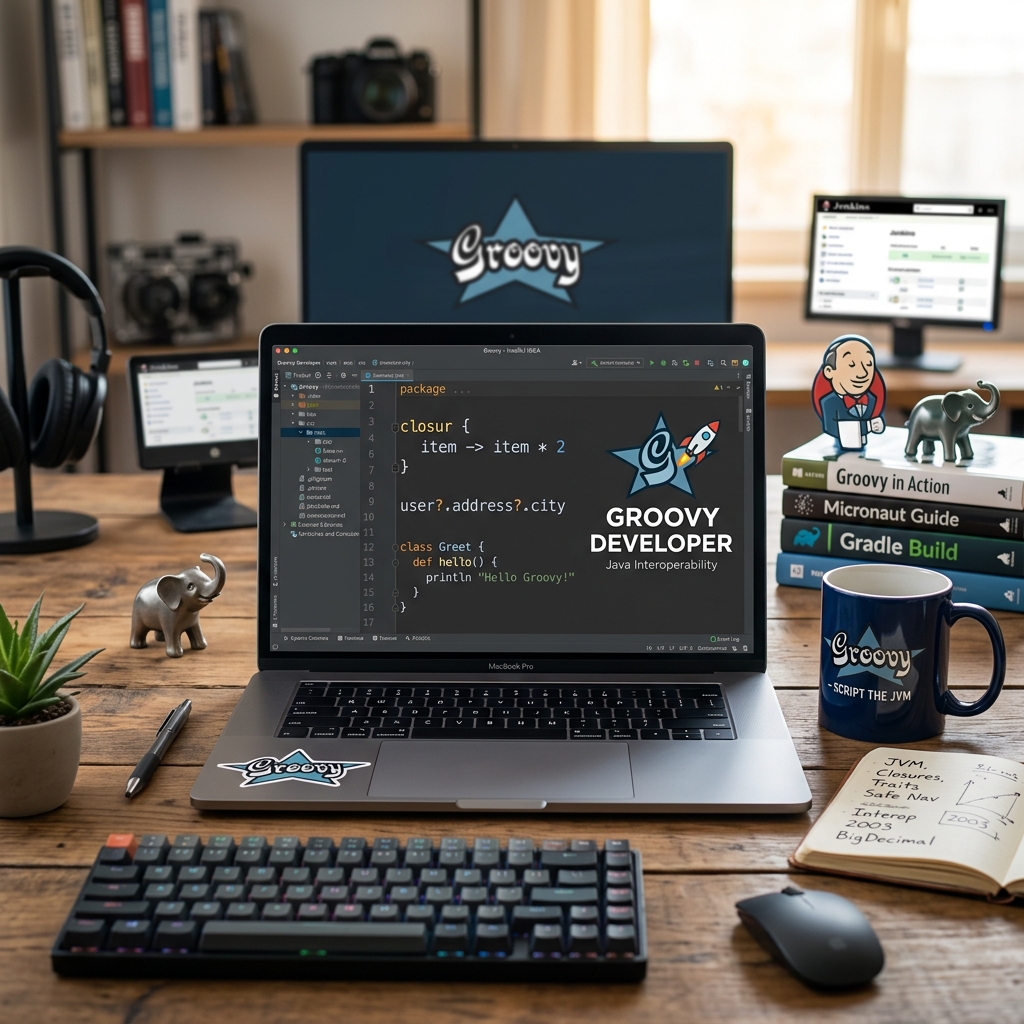 Moderne Arbeitsumgebung mit Laptop, Monitoren und Programmiermaterialien