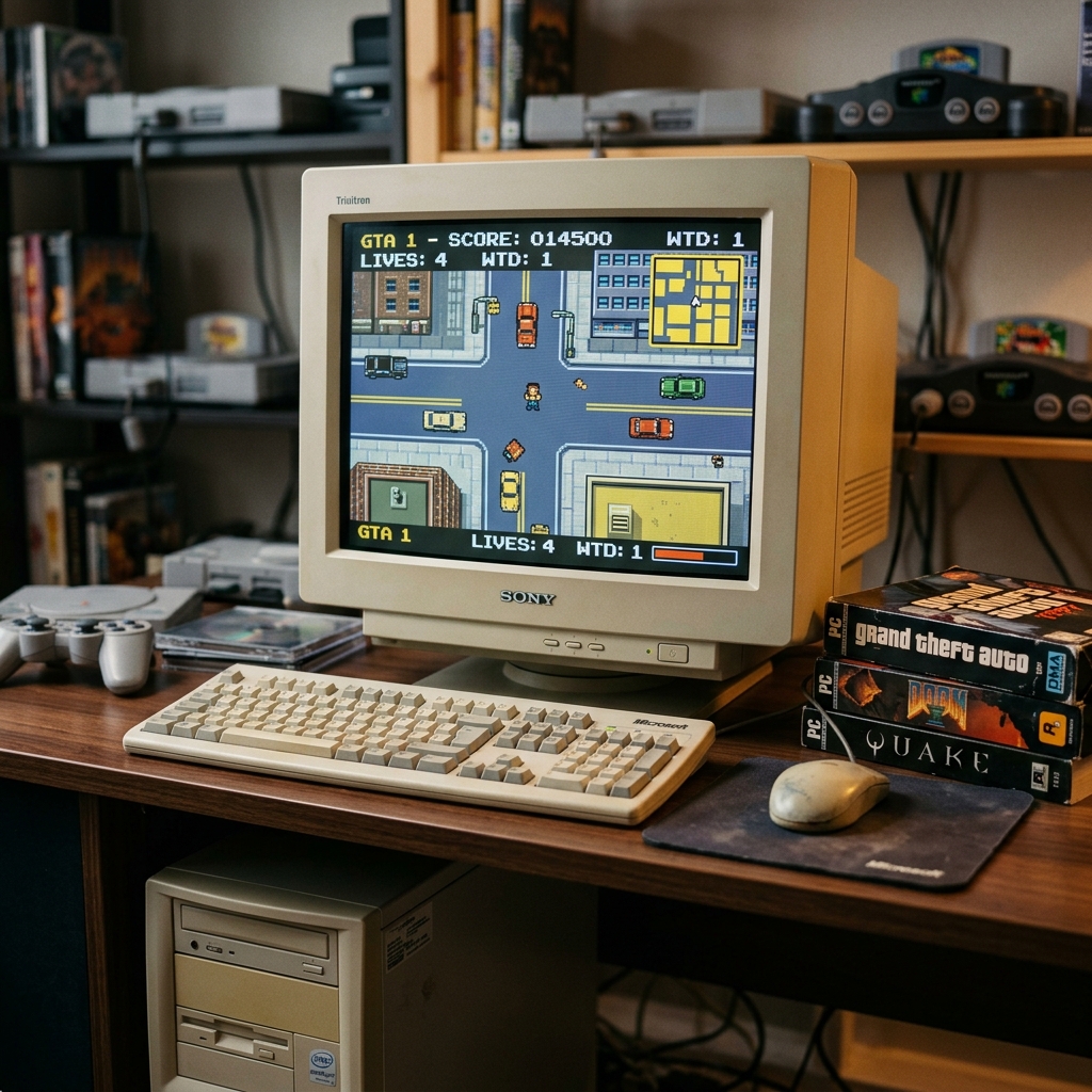 Ein Retro-Computer mit einem GTA-Spiel auf dem Bildschirm