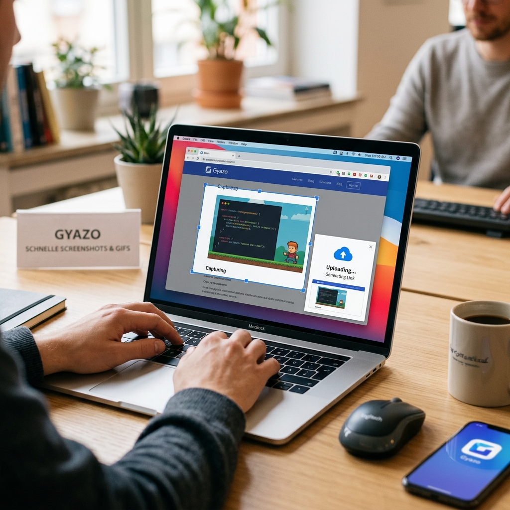 Laptop mit Gyzzo-App auf einem Holzschreibtisch