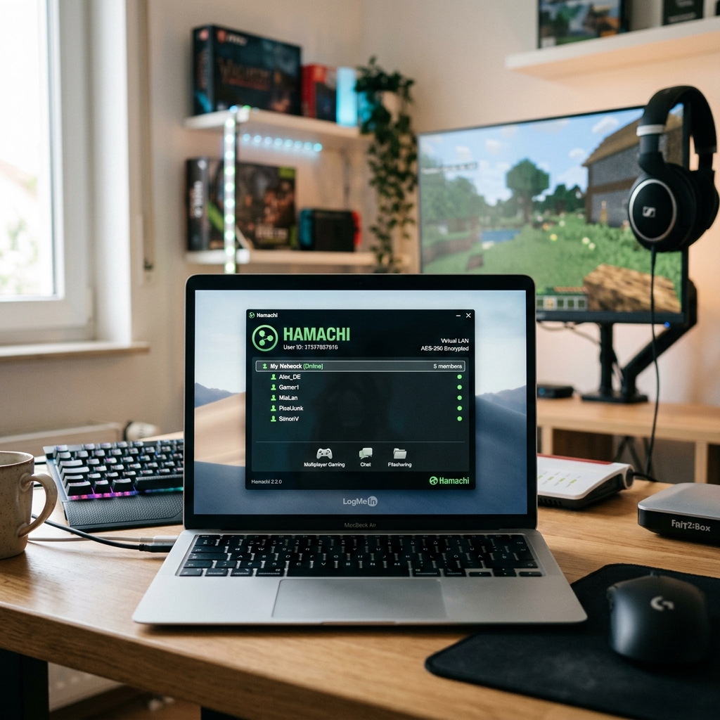 Laptop mit Hamachi-Anwendung und Monitor mit Minecraft