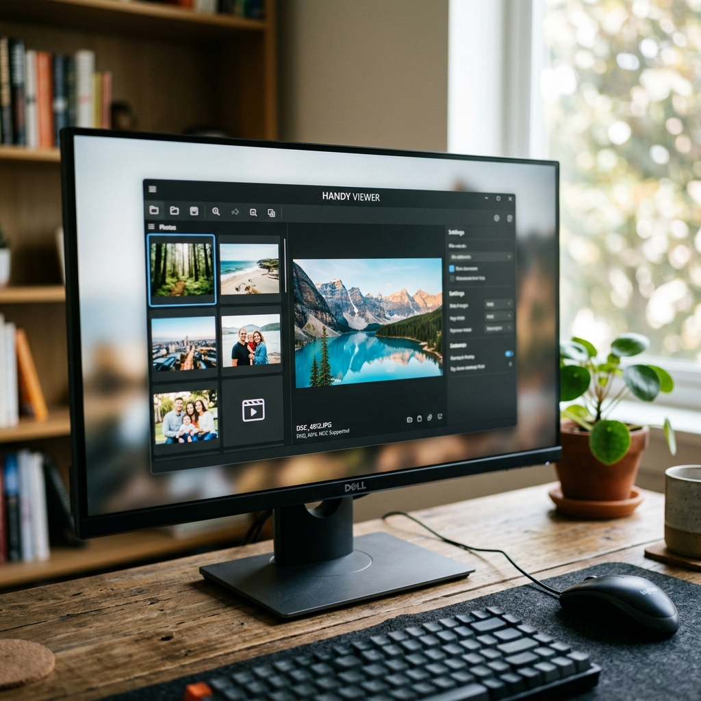 Ein Computerbildschirm zeigt eine Fotoanwendung mit mehreren Bildern.