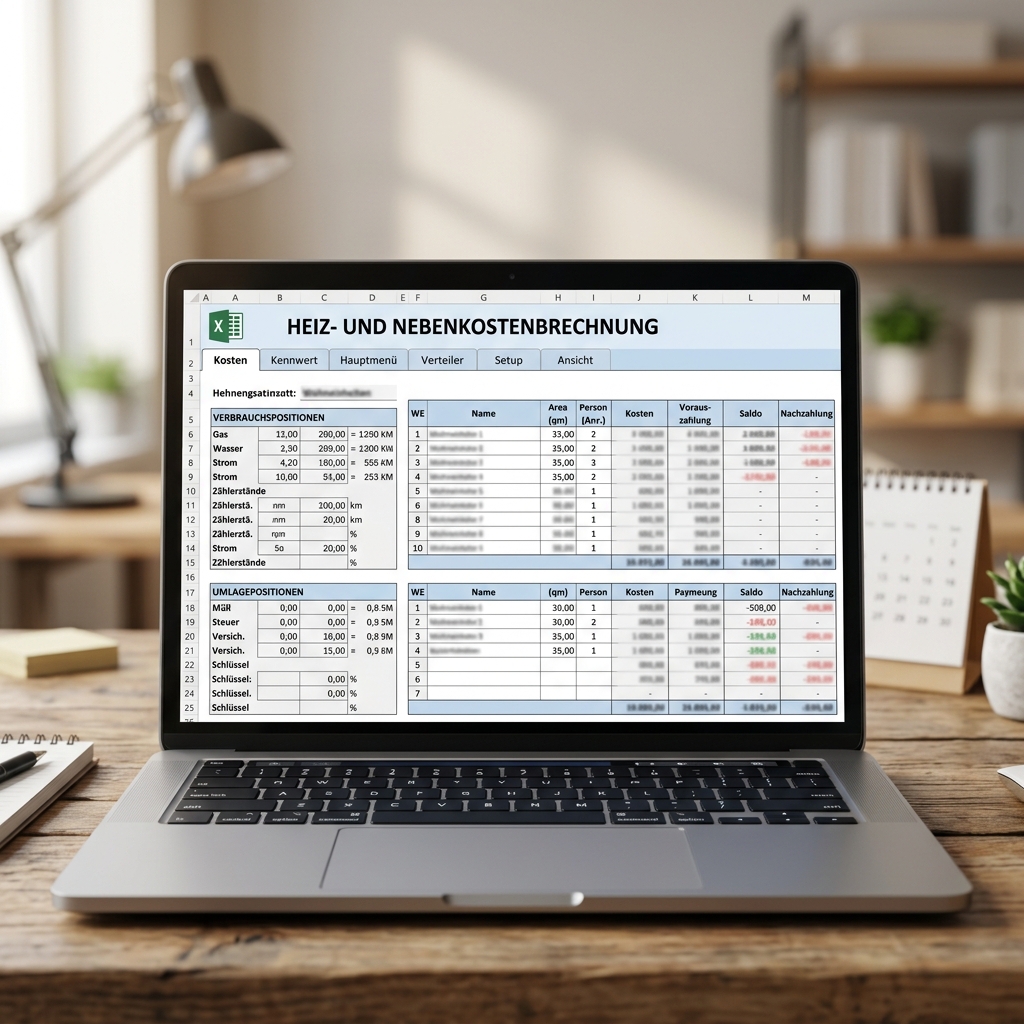 Screenshot einer Heiz- und Nebenkostenabrechnung in Excel
