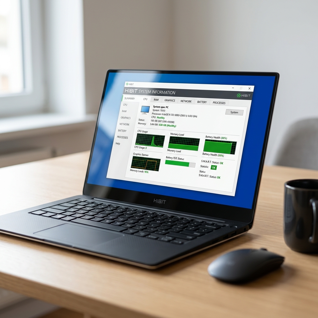 Laptop zeigt Systeminformationen mit verschiedenen technischen Angaben