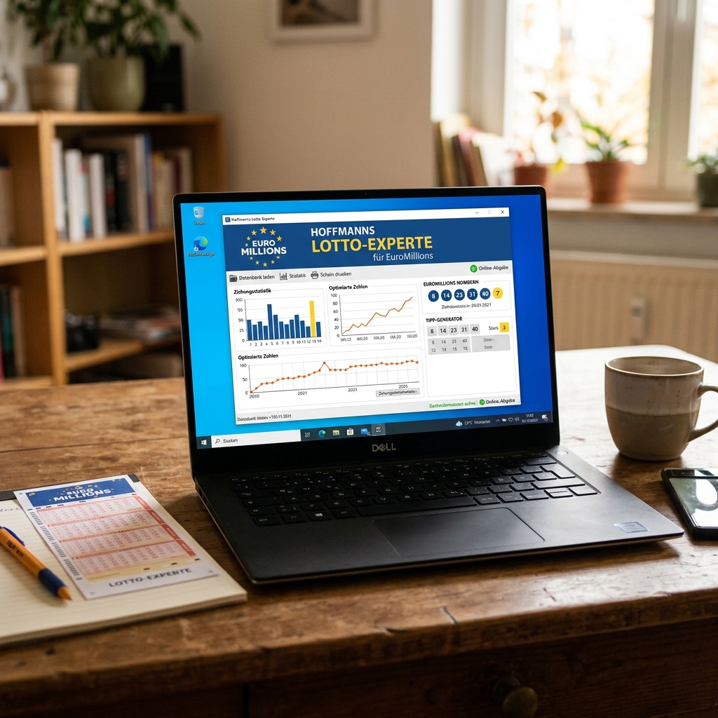 Laptop mit Lotto-Analyse-Software und Notizen auf einem Tisch
