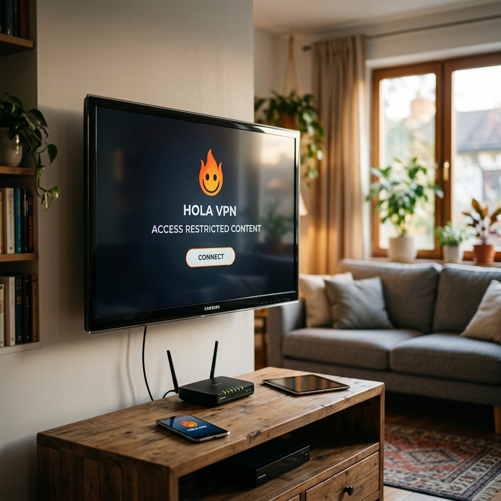 Smart-TV zeigt Hola VPN Startbildschirm im Wohnzimmer