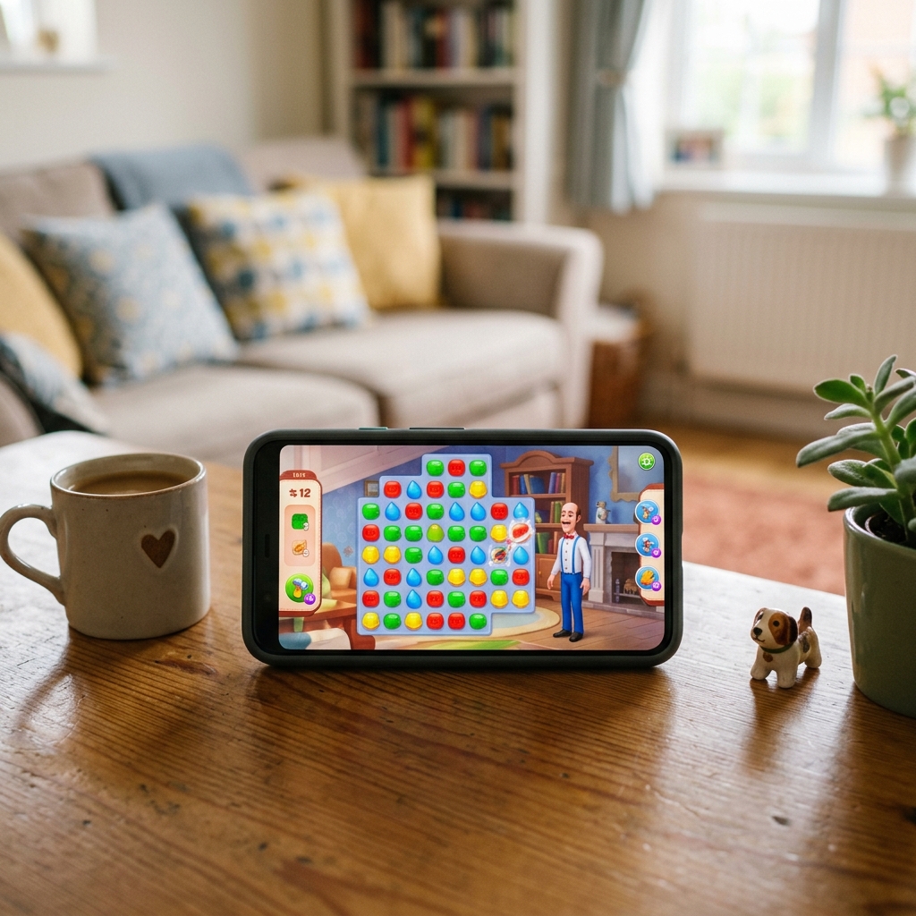 Smartphone zeigt ein Spiel in einem Wohnzimmer mit Möbeln und Pflanzen.