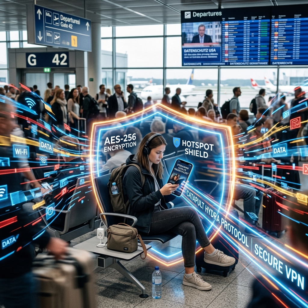 Frau am Flughafen mit Laptop, umgeben von digitalen Sicherheits-Icons