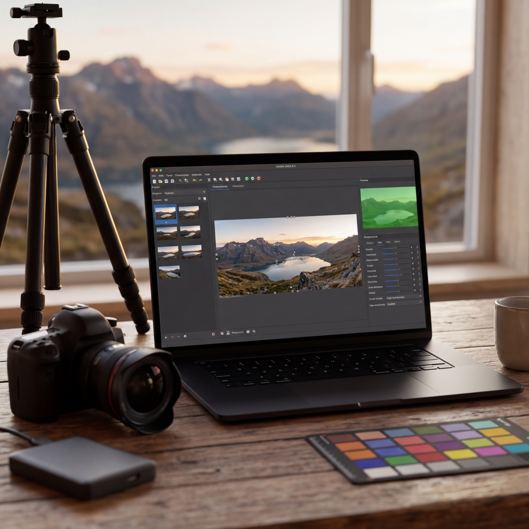 Laptop zeigt Fotobearbeitungssoftware mit Kamera und Farbtafel daneben