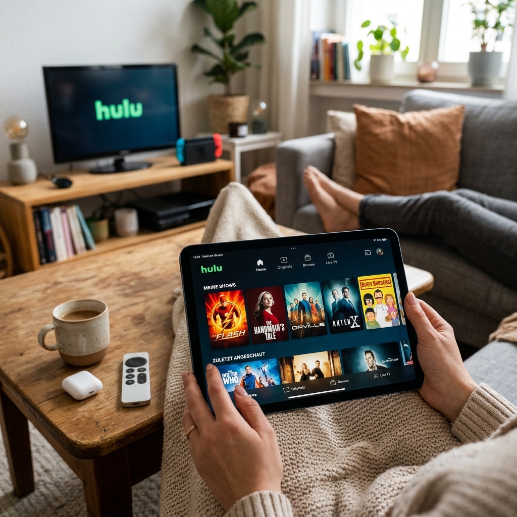 Ein Wohnzimmer mit einem Tablet und einem Fernseher, die Inhalte von Hulu anzeigen.
