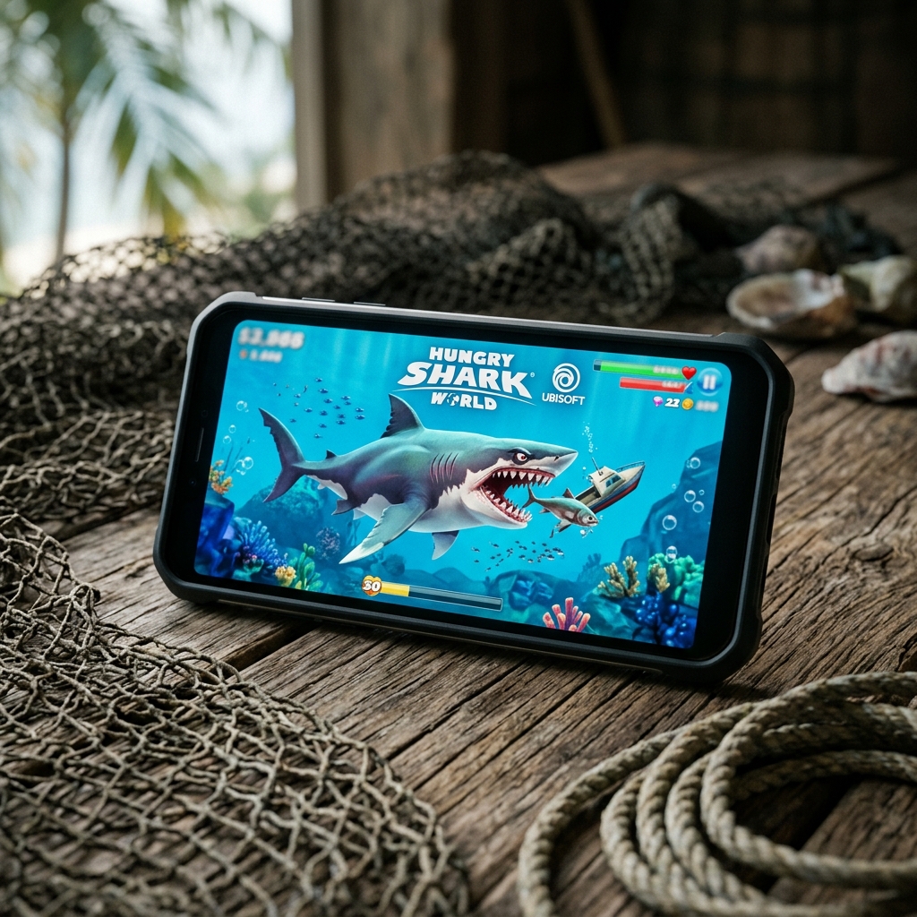 Smartphone mit dem Spiel Hungry Shark World auf dem Bildschirm