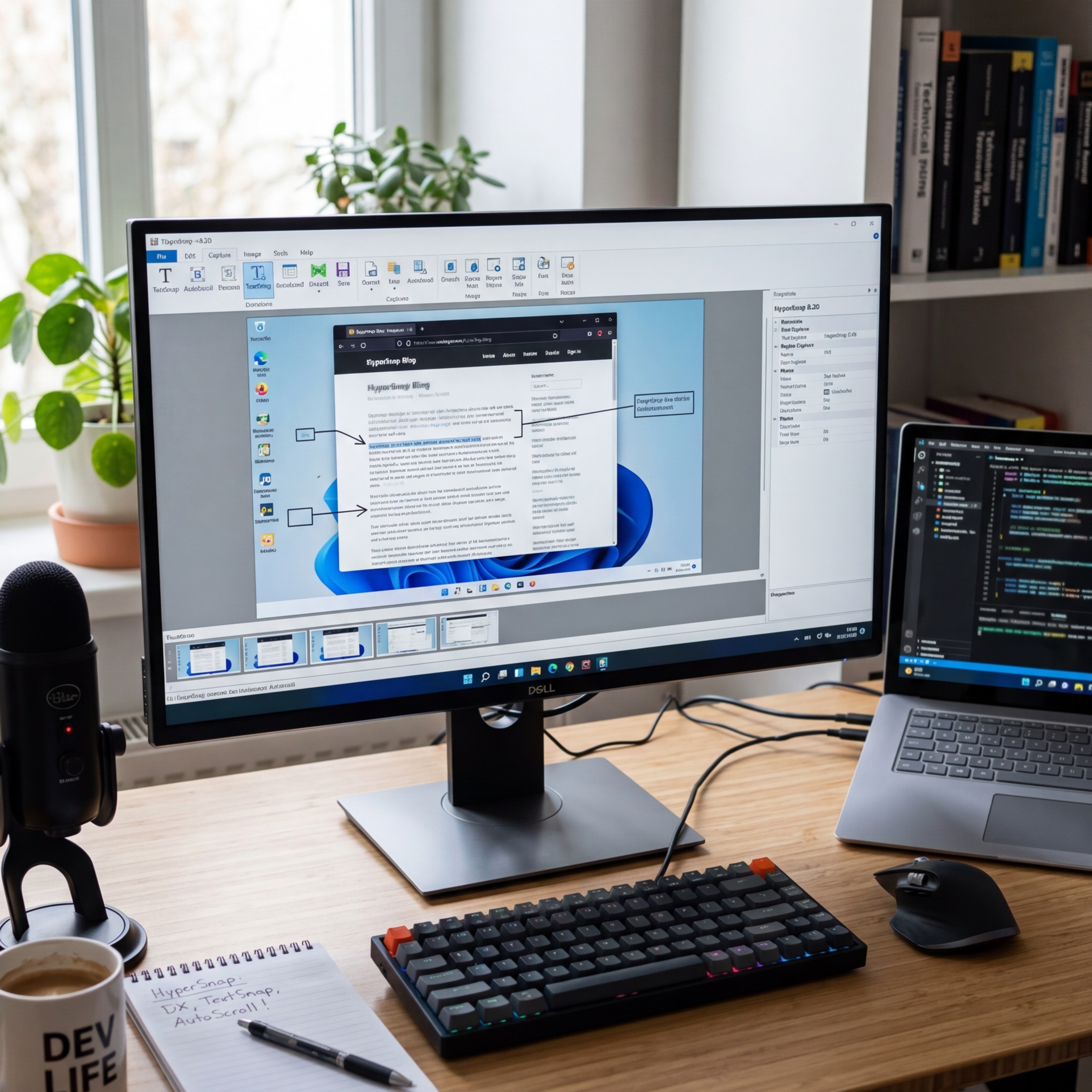 Ein Desktop mit Monitor, Laptop, Tastatur und Pflanzen.
