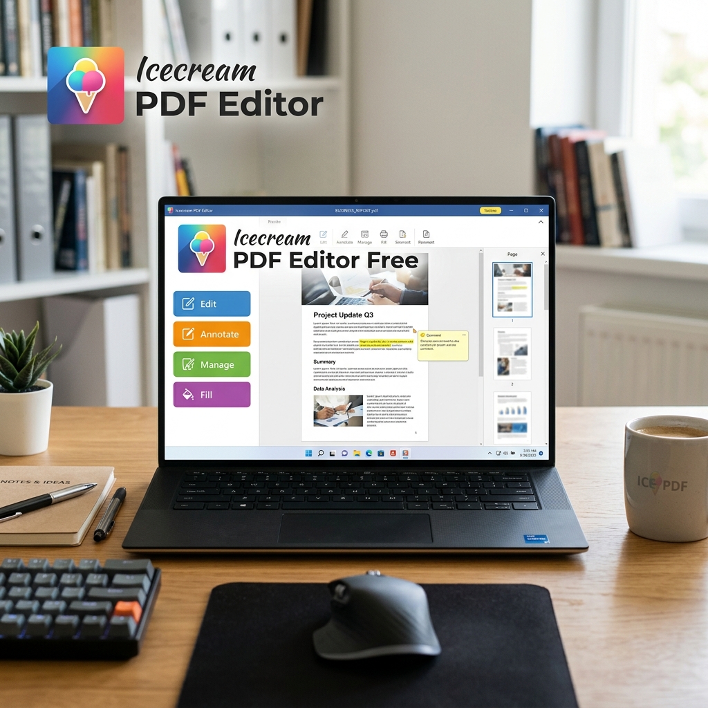 Screenshot des Icecream PDF Editors auf einem Laptop mit Notizblock und Tasse daneben