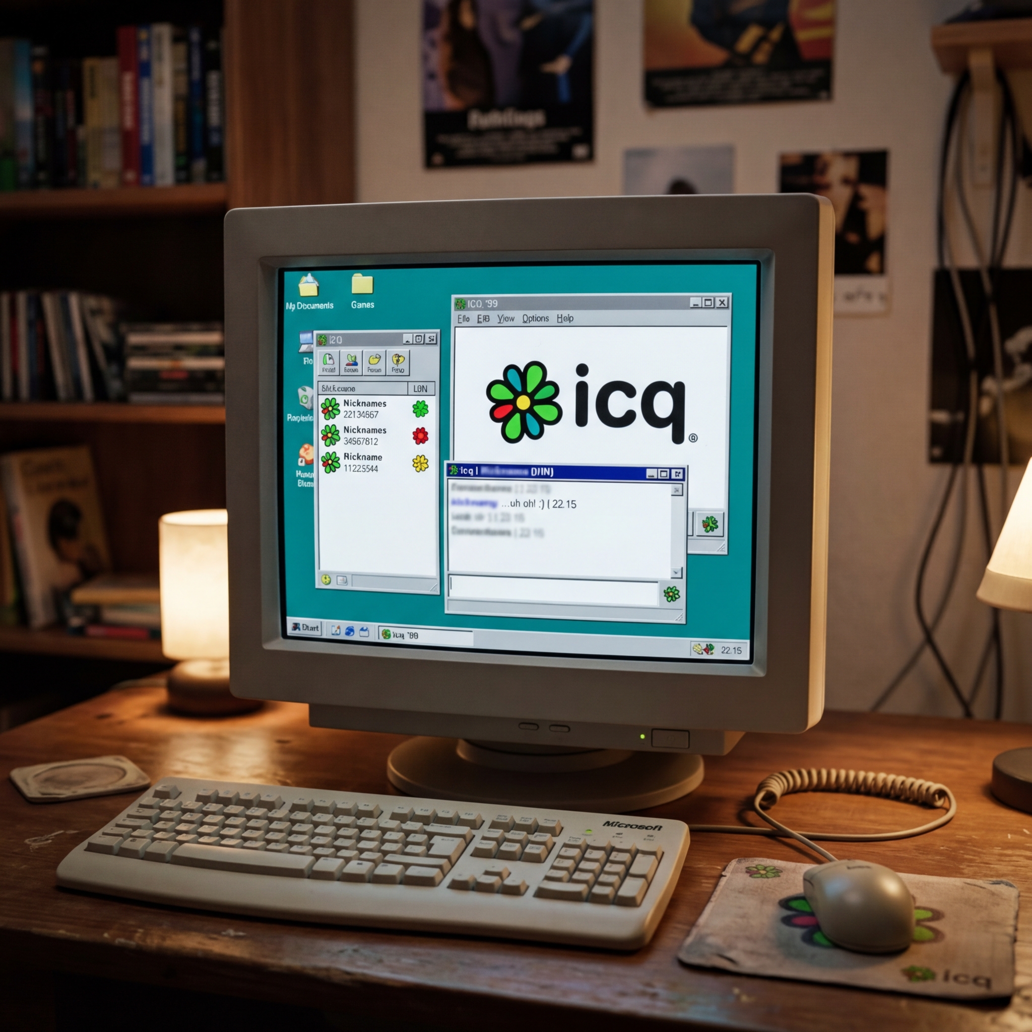 Screenshot von ICQ auf einem alten Computerbildschirm mit Tastatur und Maus