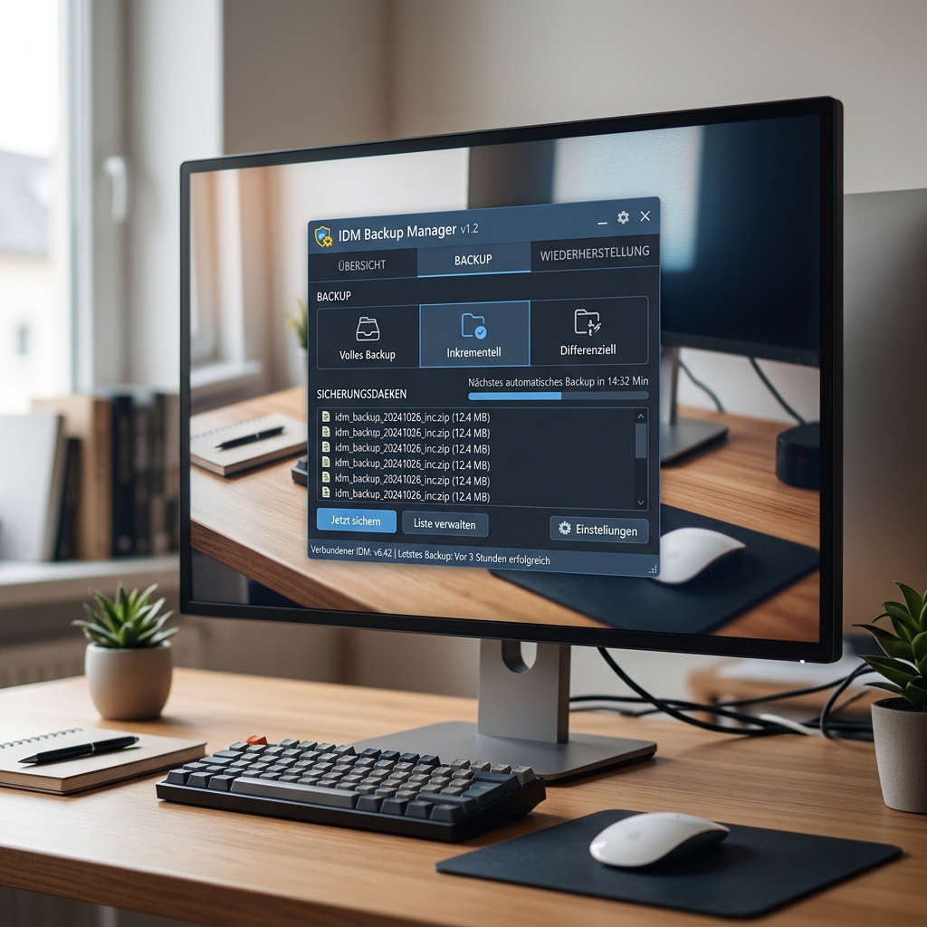 Screenshot des IDM Backup Managers mit Backup-Optionen auf einem Computerbildschirm