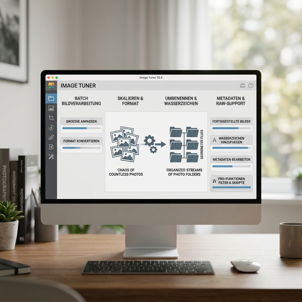 Monitor mit Bildbearbeitungssoftware und Arbeitsmaterialien