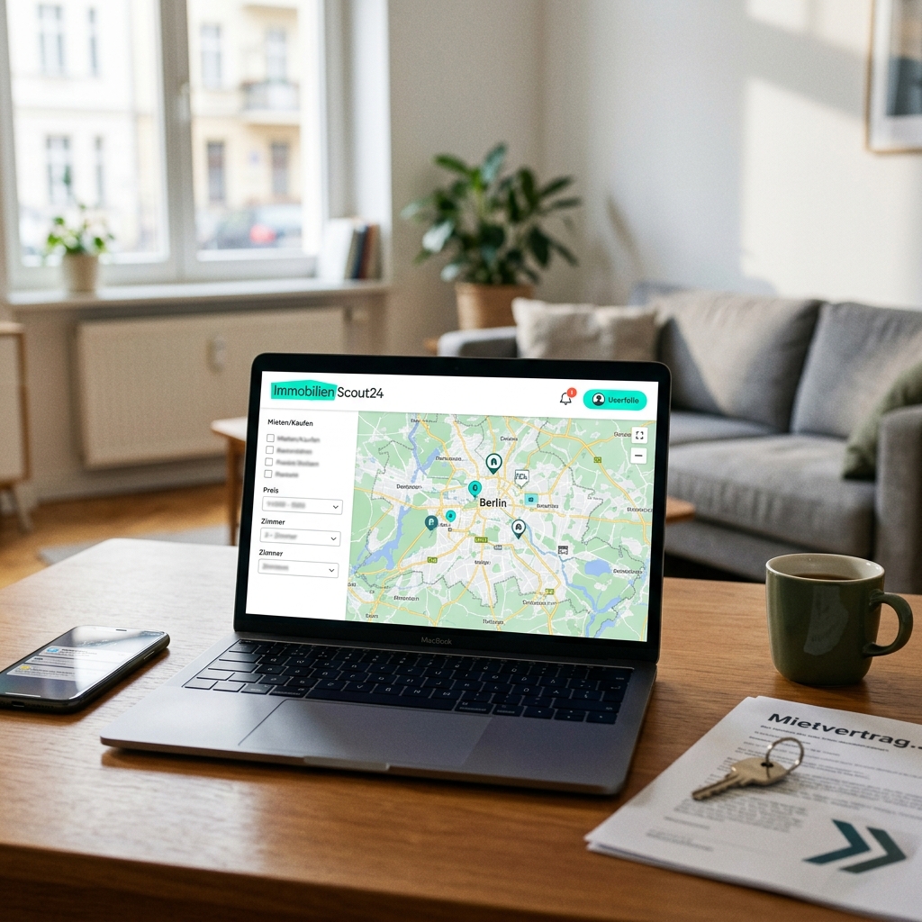 Laptop zeigt Immobilienkarte von Berlin auf Immobilien Scout24.