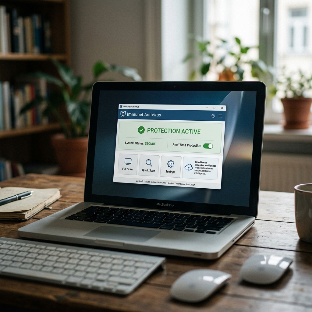 Screenshot der Immunet AntiVirus Software auf einem Laptop