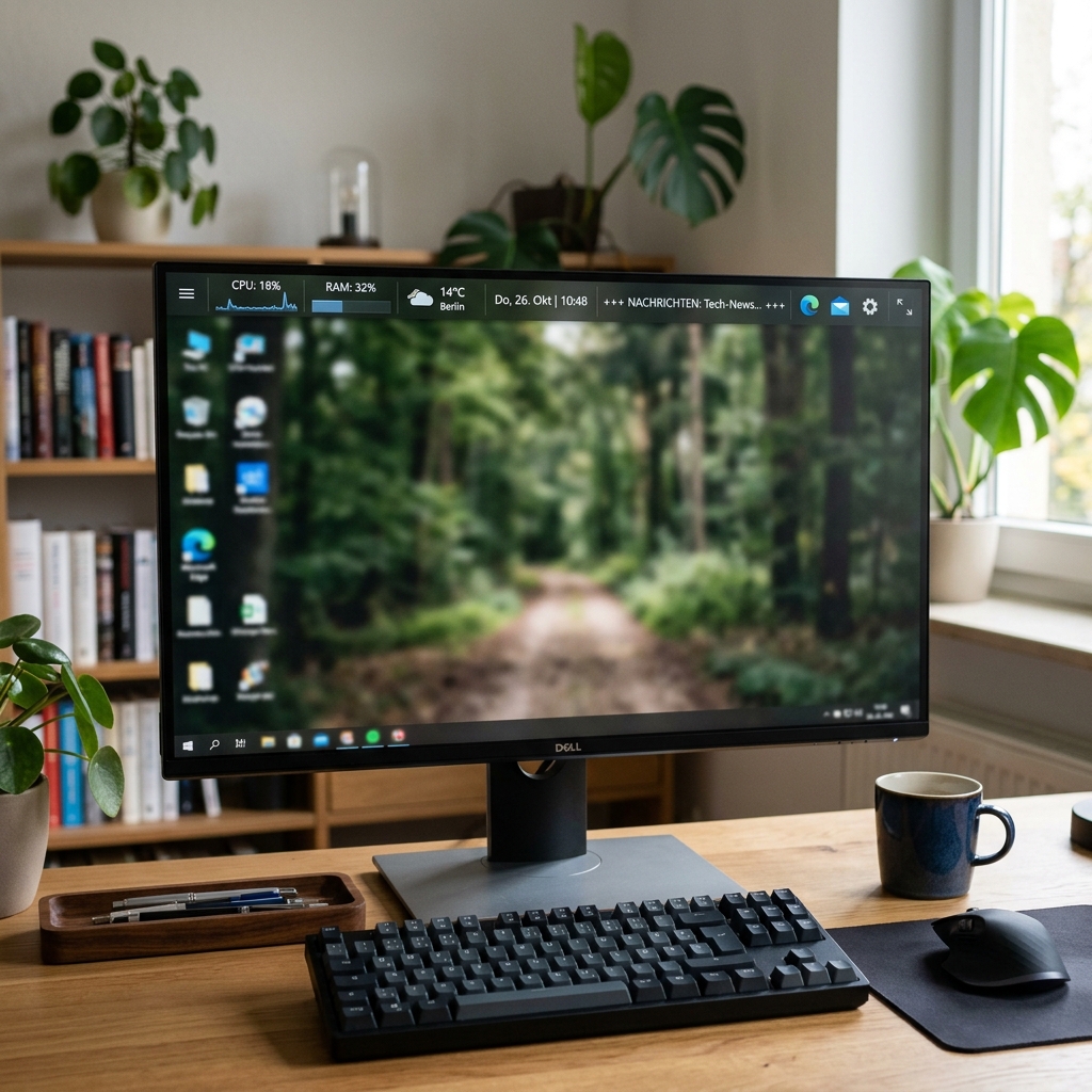 Ein moderner Arbeitsplatz mit Computer und Pflanzen im Hintergrund