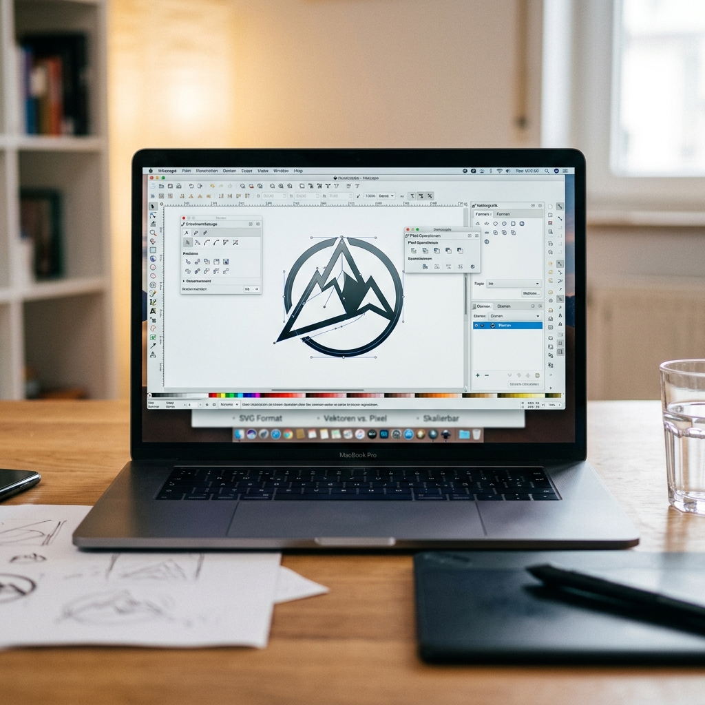 Grafikdesign-Software auf einem Laptop mit Skizzen und Schreibutensilien