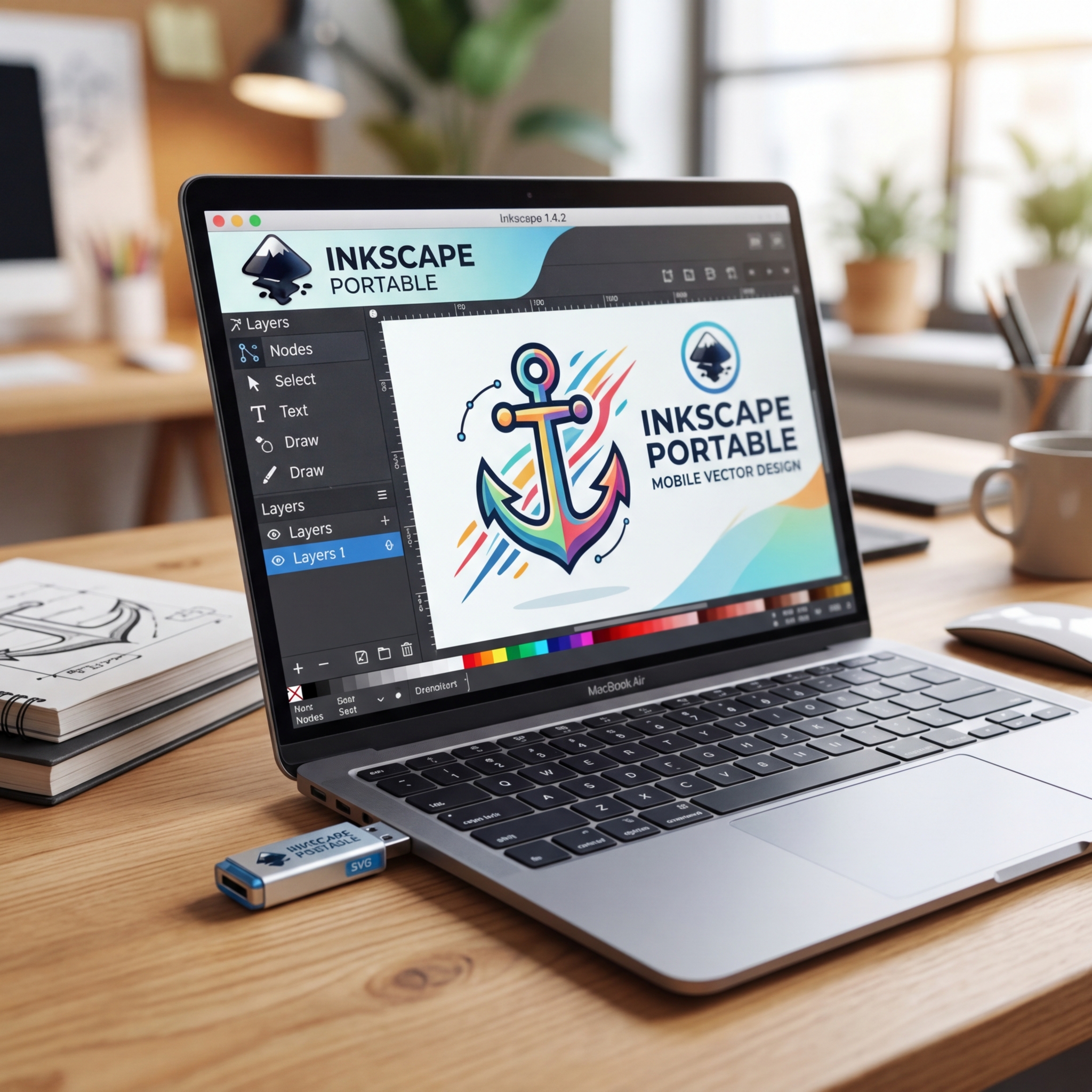 Laptop mit Inkscape Portable und einem Anker-Design auf dem Bildschirm