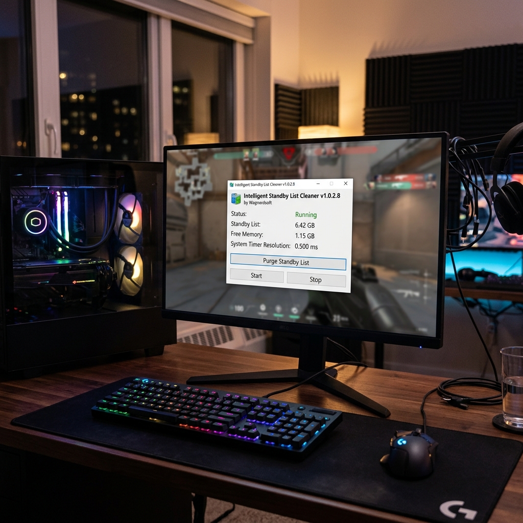 Computer setup with a monitor displaying software information