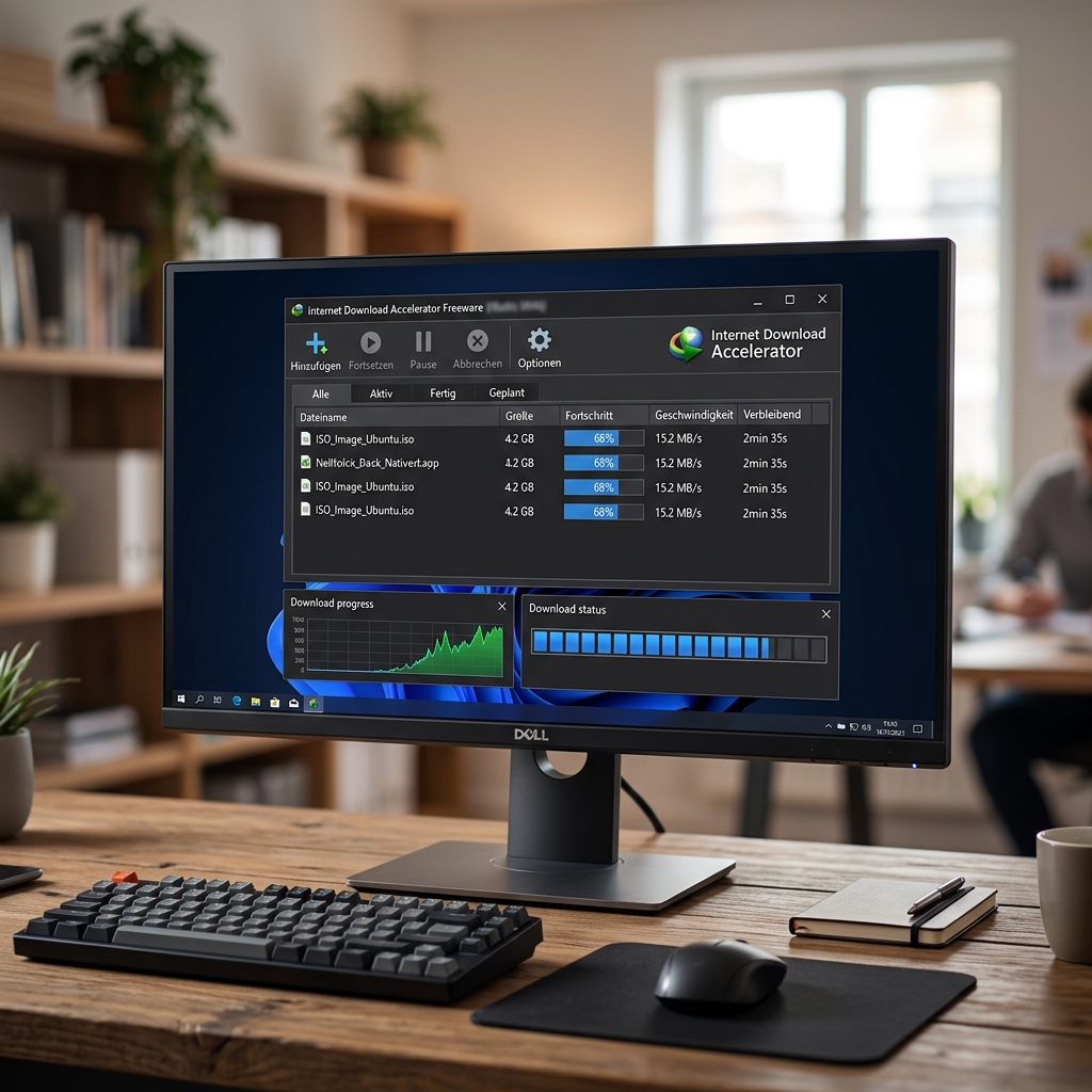 Monitor mit Download-Software und Tastatur auf einem Schreibtisch