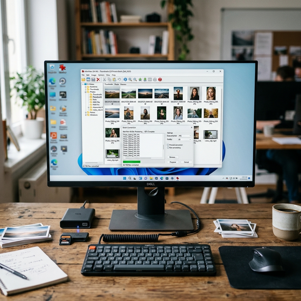 Ein Computerarbeitsplatz mit Monitor und Zubehör