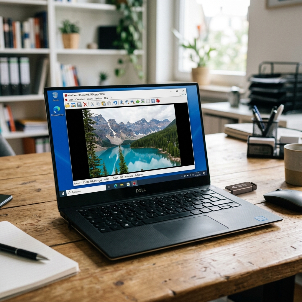 Ein Laptop zeigt eine Landschaft auf dem Bildschirm, umgeben von Büromaterial.